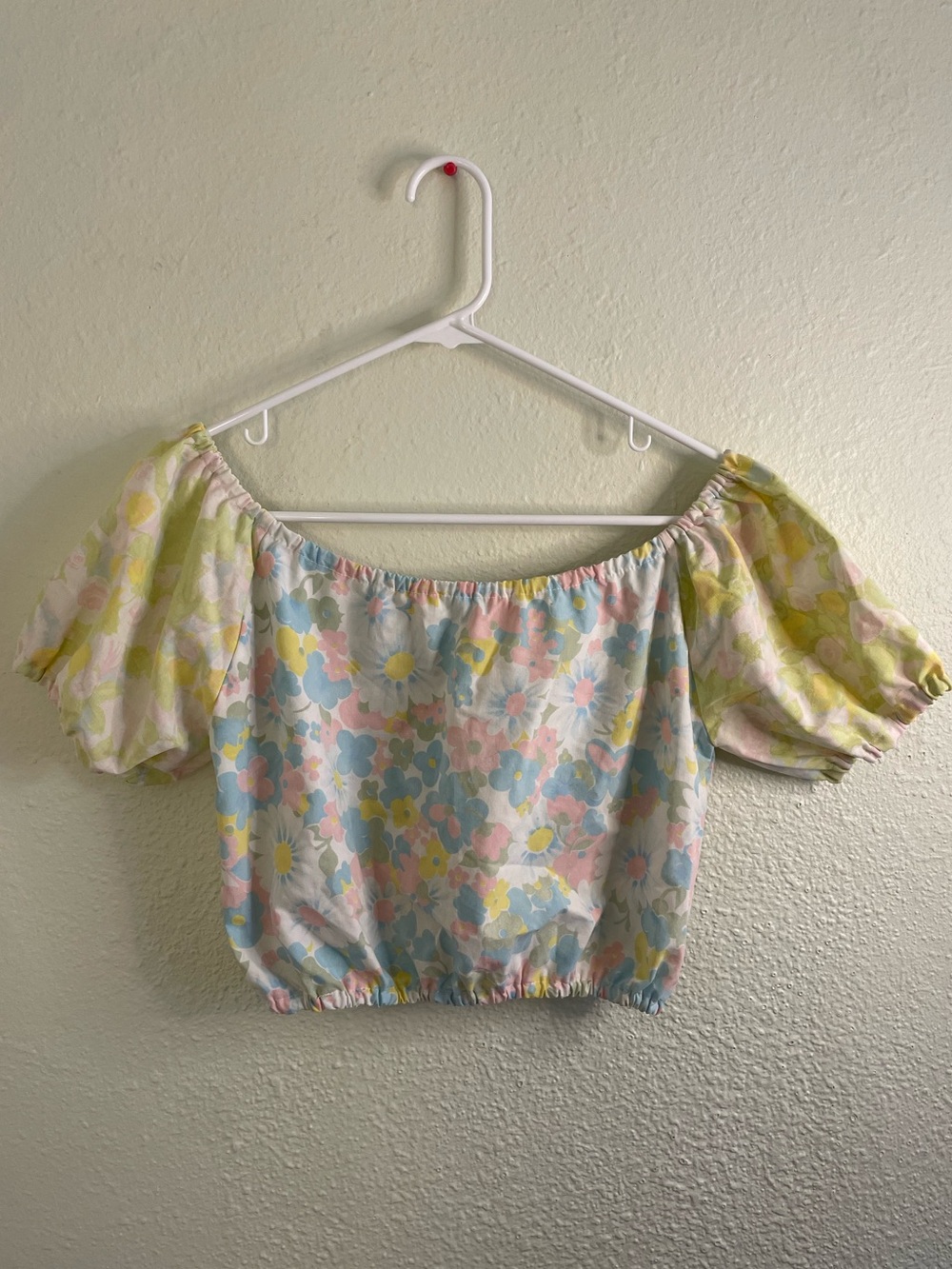 Pastel Floral Off-Shoulder Puff Sleeve Crop Top (made from vintage pillow cases)
